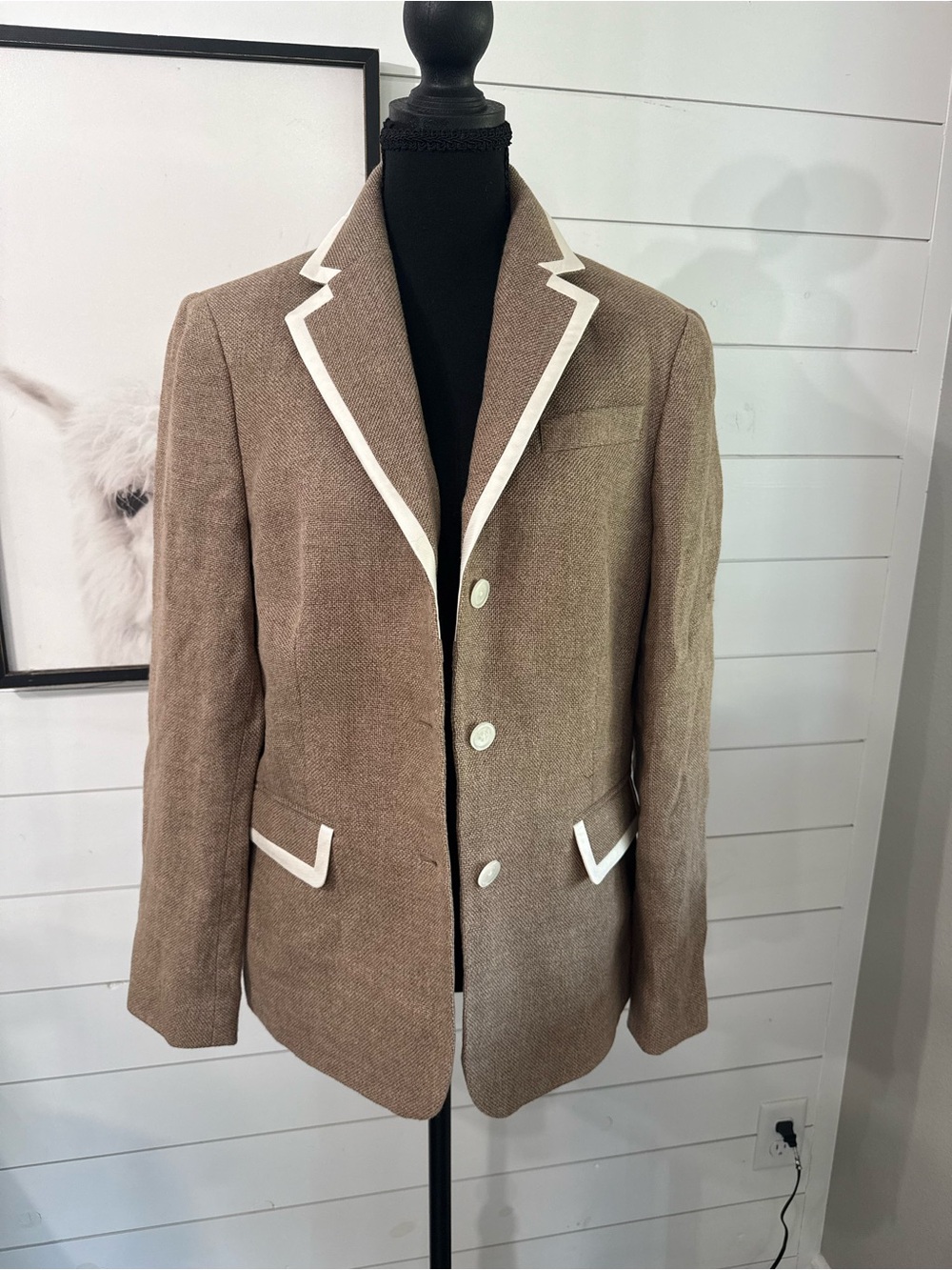 Brooks Brothers 346 Women's Beige White Linen Wool 3-Button Lined Blazer Size 12 - Picture 1 of 7